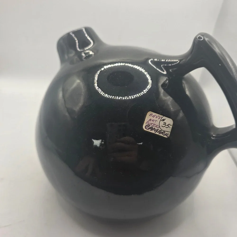 Vintage Camark Art Pottery Black Glossy Spherical Round Jug Single Handle Spout